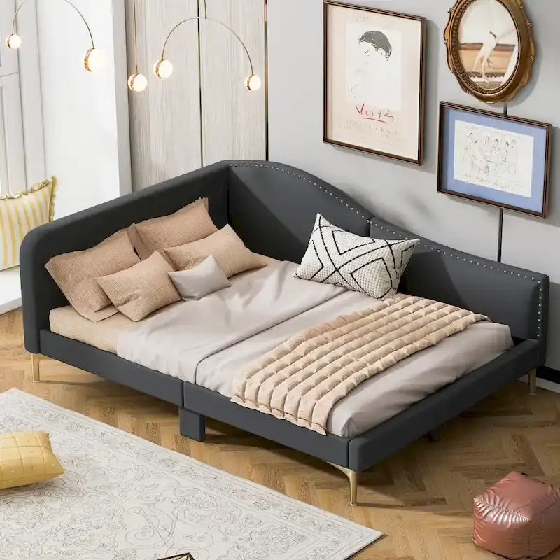 Daybed imbottito grigio matrimoniale con bracciolo | Stile moderno | Nessuna rete a doghe necessaria