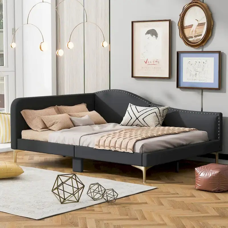 Daybed imbottito grigio matrimoniale con bracciolo | Stile moderno | Nessuna rete a doghe necessaria