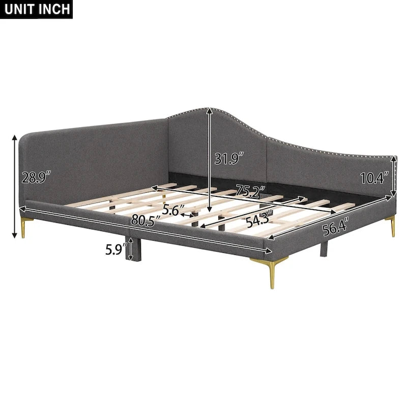 Daybed imbottito grigio matrimoniale con bracciolo | Stile moderno | Nessuna rete a doghe necessaria