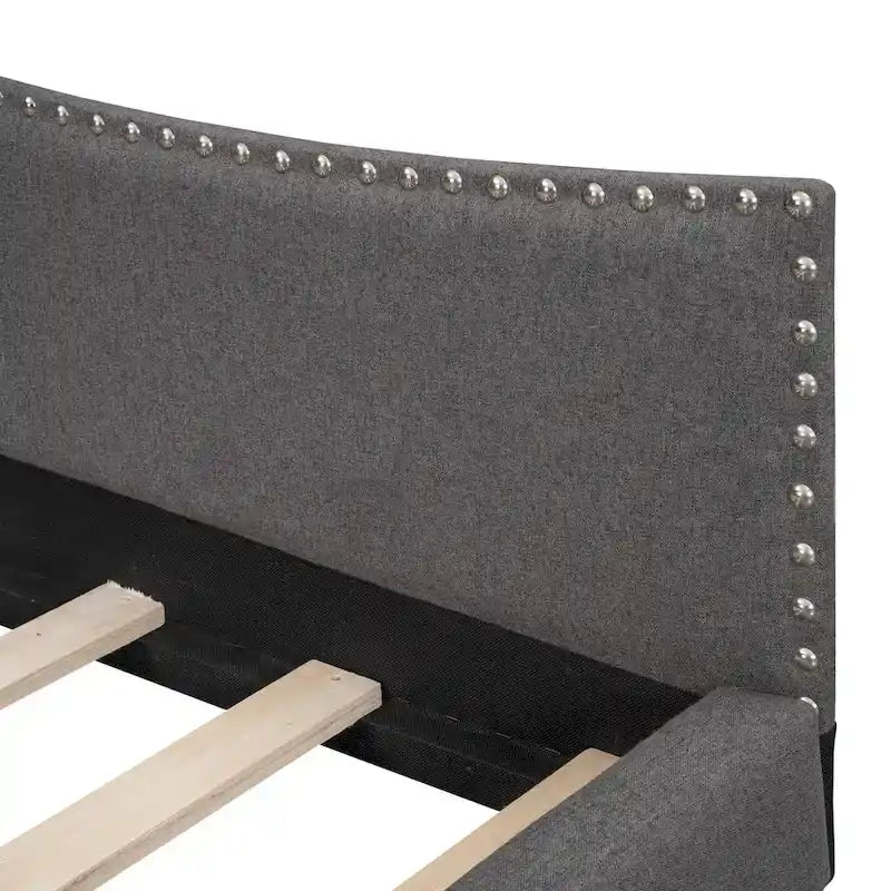 Daybed imbottito grigio matrimoniale con bracciolo | Stile moderno | Nessuna rete a doghe necessaria