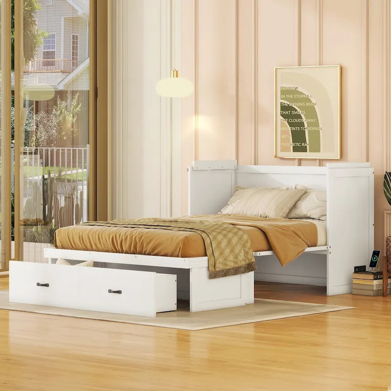 Letto a scomparsa in pino massiccio a grandezza naturale con porta di ricarica USB e cassetto portaoggetti | Salvaspazio
