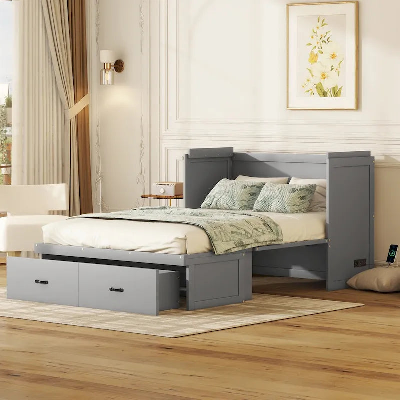 Letto a scomparsa in pino massiccio a grandezza naturale con porta di ricarica USB e cassetto portaoggetti | Salvaspazio