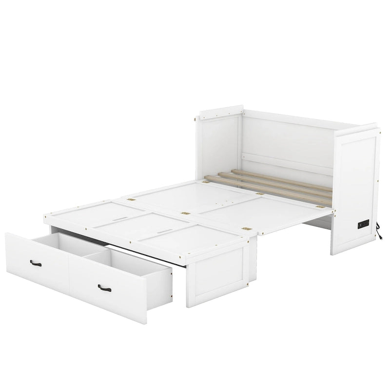 Letto a scomparsa in pino massiccio a grandezza naturale con porta di ricarica USB e cassetto portaoggetti | Salvaspazio