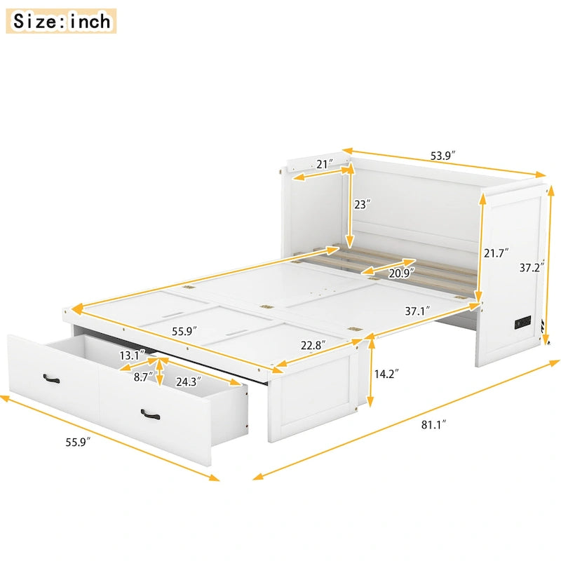 Letto a scomparsa in pino massiccio a grandezza naturale con porta di ricarica USB e cassetto portaoggetti | Salvaspazio