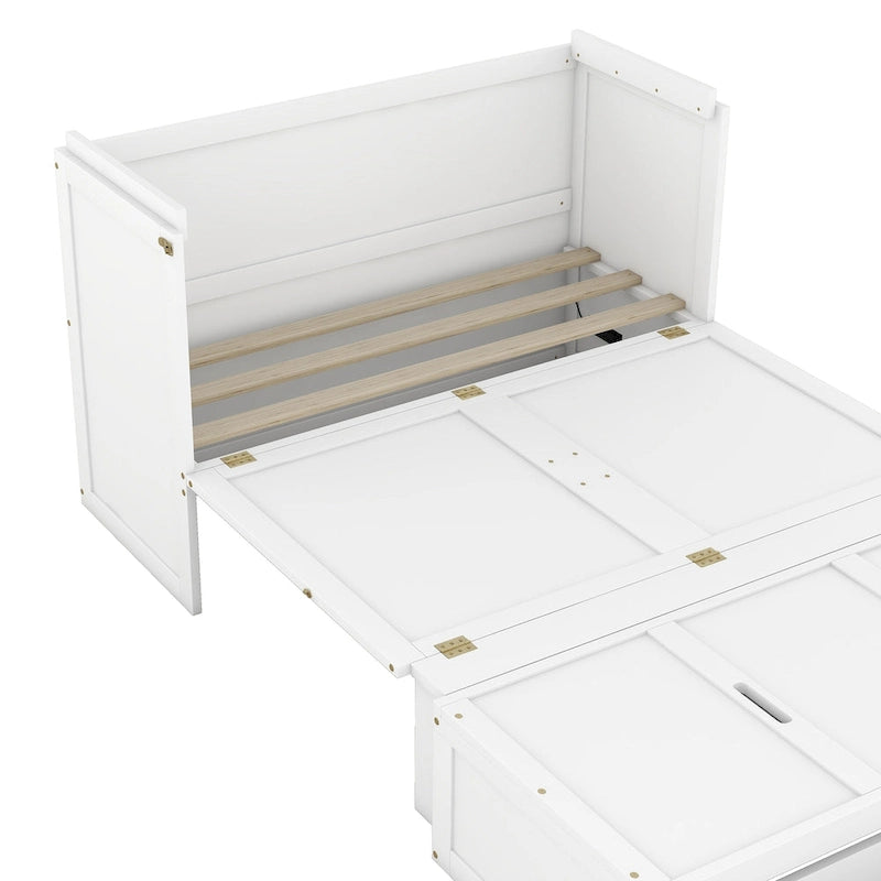 Letto a scomparsa in pino massiccio a grandezza naturale con porta di ricarica USB e cassetto portaoggetti | Salvaspazio