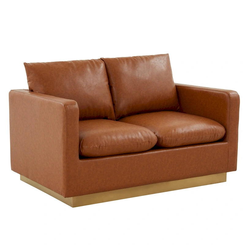 Divanetto moderno in pelle a 2 posti | Base in acciaio inox spazzolato color oro | Cuscini rimovibili | 142 cm