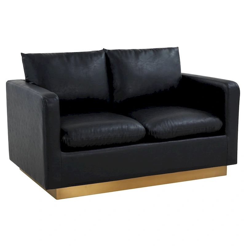 Divanetto moderno in pelle a 2 posti | Base in acciaio inox spazzolato color oro | Cuscini rimovibili | 142 cm