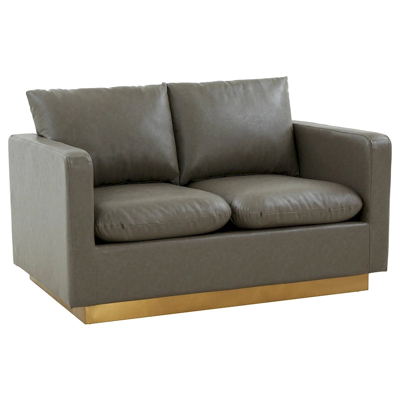 Divanetto moderno in pelle a 2 posti | Base in acciaio inox spazzolato color oro | Cuscini rimovibili | 142 cm