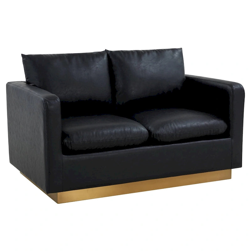 Divanetto moderno in pelle a 2 posti | Base in acciaio inox spazzolato color oro | Cuscini rimovibili | 142 cm