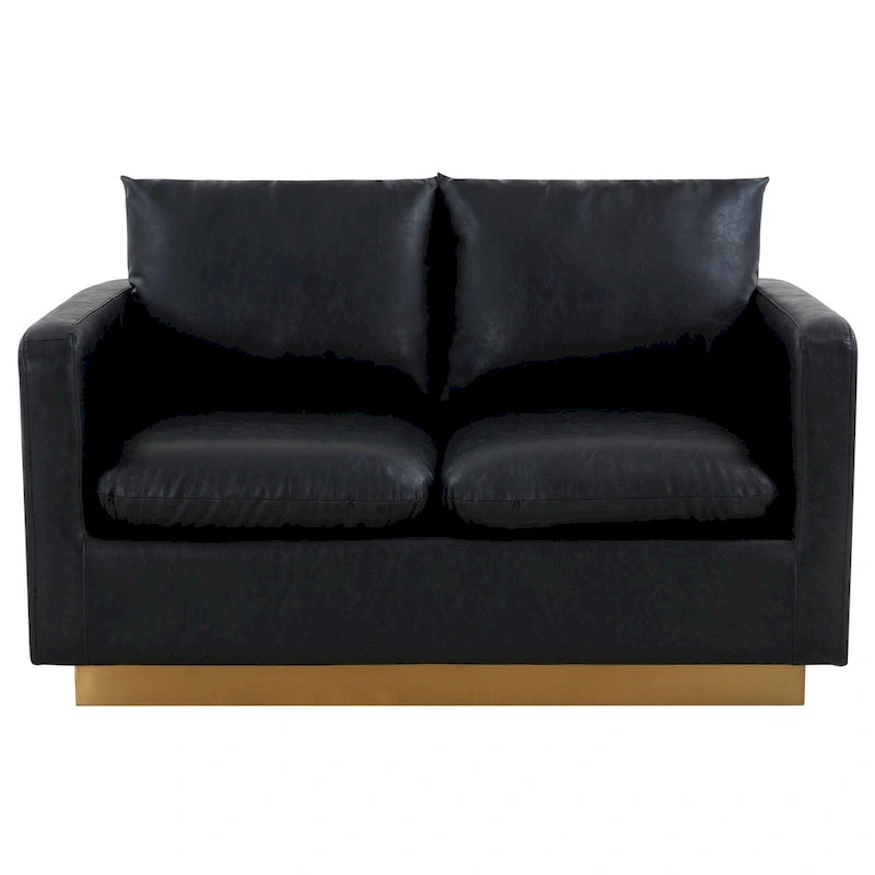 Divanetto moderno in pelle a 2 posti | Base in acciaio inox spazzolato color oro | Cuscini rimovibili | 142 cm