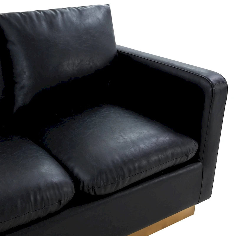 Divanetto moderno in pelle a 2 posti | Base in acciaio inox spazzolato color oro | Cuscini rimovibili | 142 cm
