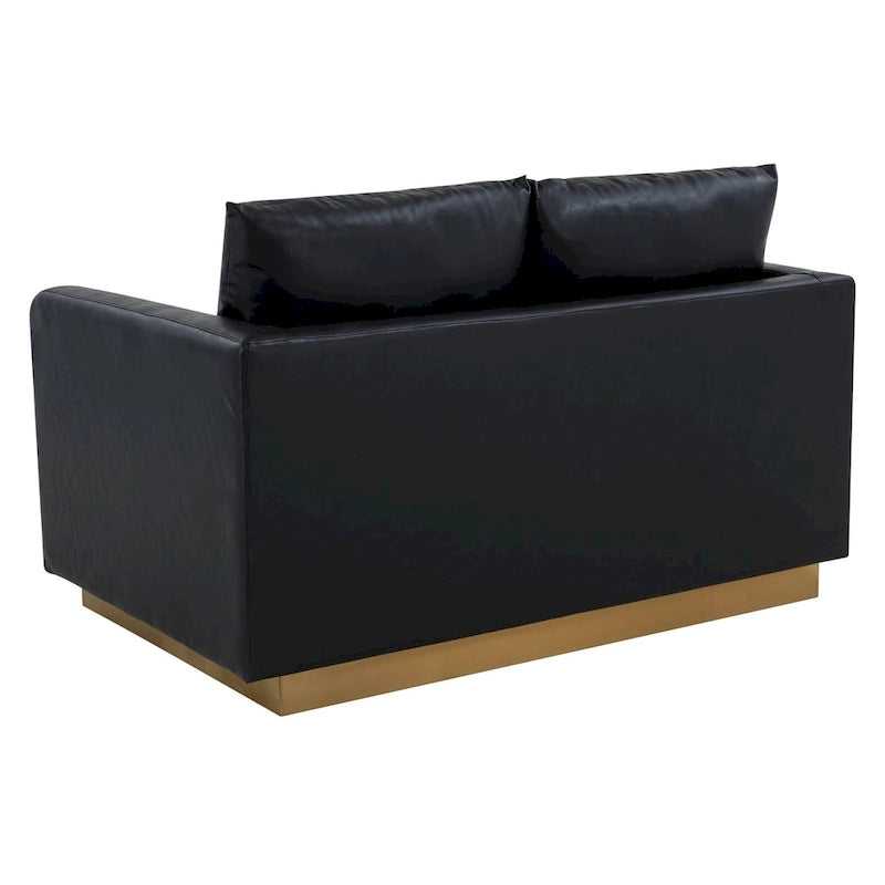 Divanetto moderno in pelle a 2 posti | Base in acciaio inox spazzolato color oro | Cuscini rimovibili | 142 cm