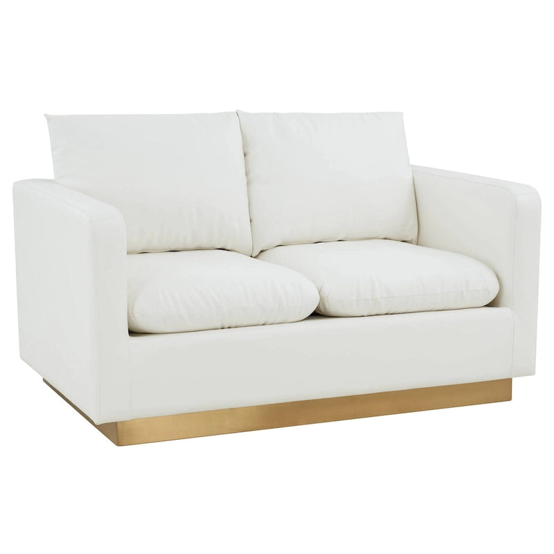 Divanetto moderno in pelle a 2 posti | Base in acciaio inox spazzolato color oro | Cuscini rimovibili | 142 cm