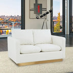 Divanetto moderno in pelle a 2 posti | Base in acciaio inox spazzolato color oro | Cuscini rimovibili | 142 cm