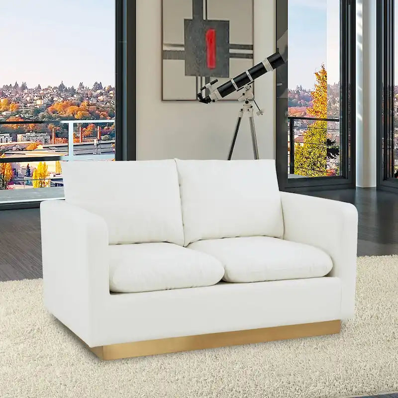 Divanetto moderno in pelle a 2 posti | Base in acciaio inox spazzolato color oro | Cuscini rimovibili | 142 cm
