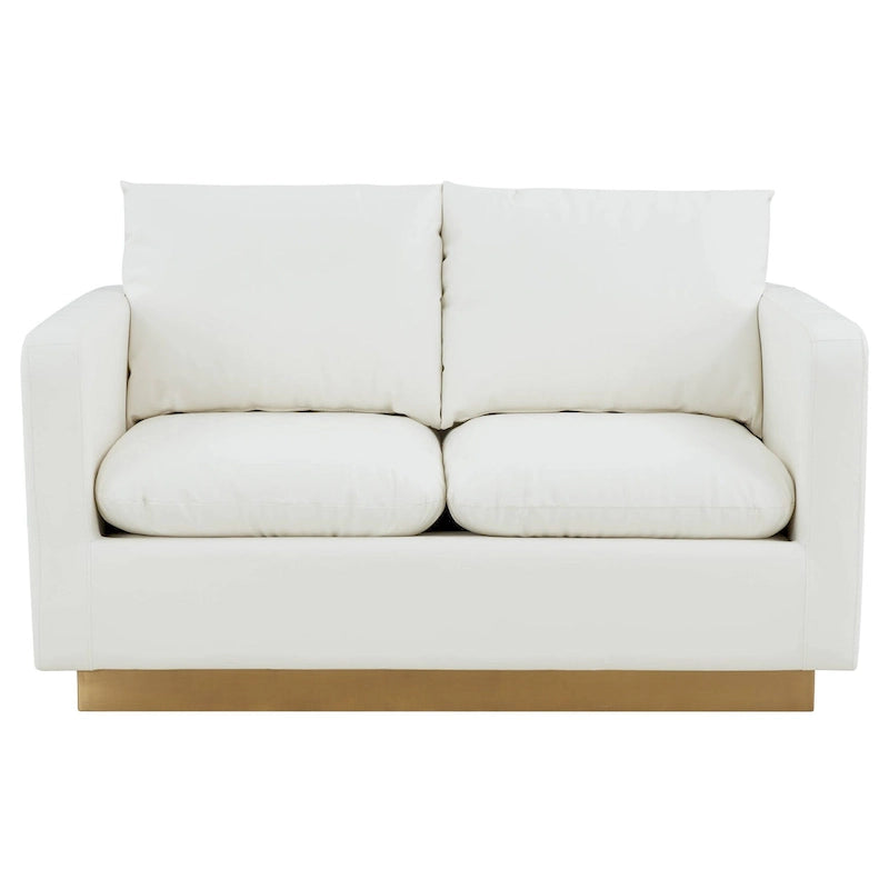 Divanetto moderno in pelle a 2 posti | Base in acciaio inox spazzolato color oro | Cuscini rimovibili | 142 cm