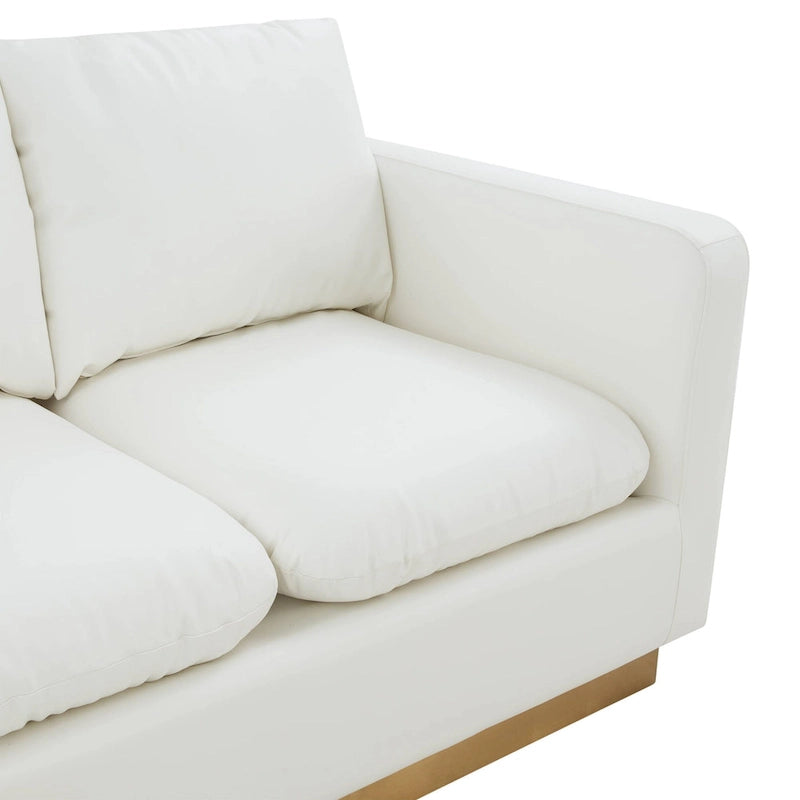 Divanetto moderno in pelle a 2 posti | Base in acciaio inox spazzolato color oro | Cuscini rimovibili | 142 cm