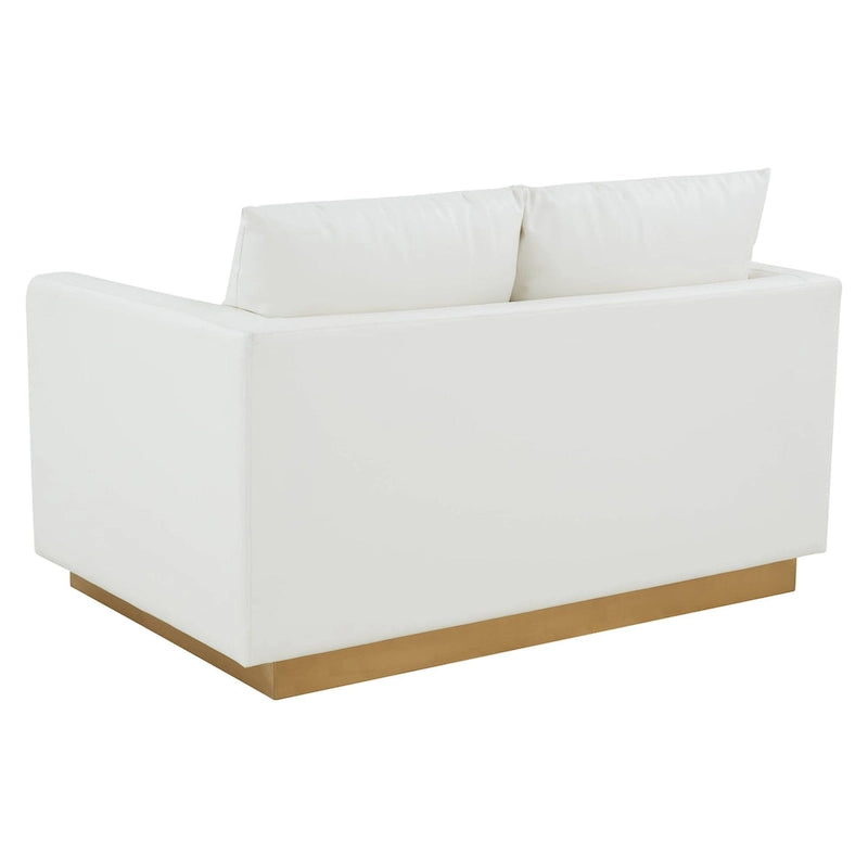 Divanetto moderno in pelle a 2 posti | Base in acciaio inox spazzolato color oro | Cuscini rimovibili | 142 cm
