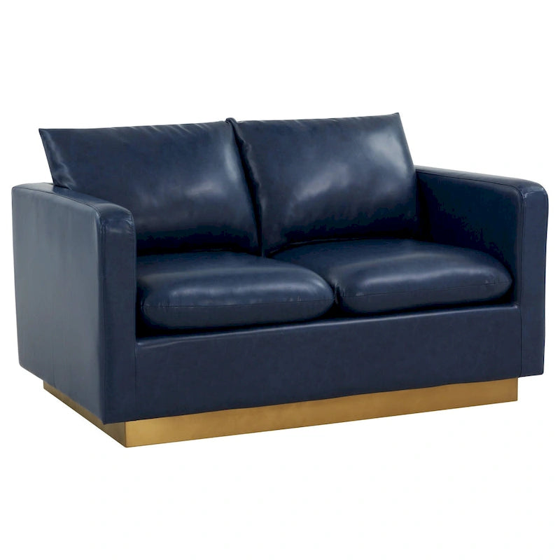 Divanetto moderno in pelle a 2 posti | Base in acciaio inox spazzolato color oro | Cuscini rimovibili | 142 cm