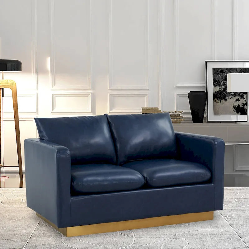 Divanetto moderno in pelle a 2 posti | Base in acciaio inox spazzolato color oro | Cuscini rimovibili | 142 cm