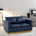 Divanetto moderno in pelle a 2 posti | Base in acciaio inox spazzolato color oro | Cuscini rimovibili | 142 cm