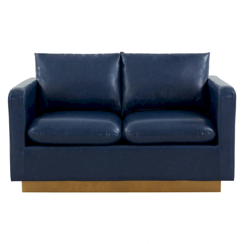 Divanetto moderno in pelle a 2 posti | Base in acciaio inox spazzolato color oro | Cuscini rimovibili | 142 cm