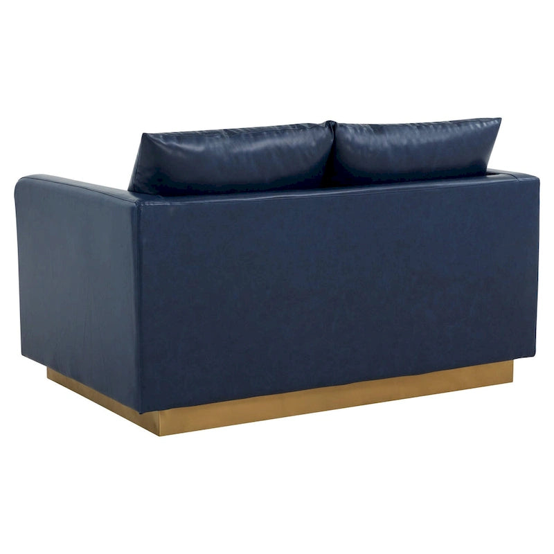 Divanetto moderno in pelle a 2 posti | Base in acciaio inox spazzolato color oro | Cuscini rimovibili | 142 cm