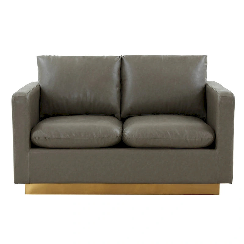 Divanetto moderno in pelle a 2 posti | Base in acciaio inox spazzolato color oro | Cuscini rimovibili | 142 cm