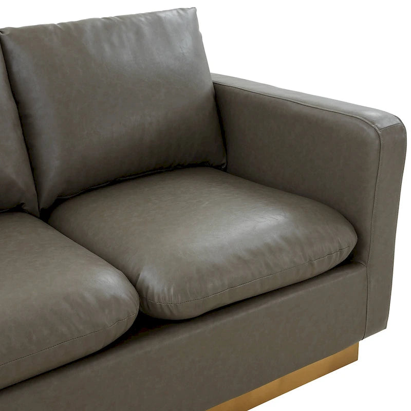 Divanetto moderno in pelle a 2 posti | Base in acciaio inox spazzolato color oro | Cuscini rimovibili | 142 cm