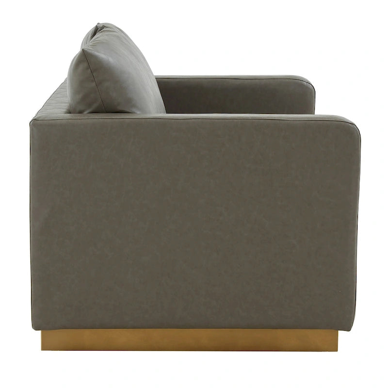 Divanetto moderno in pelle a 2 posti | Base in acciaio inox spazzolato color oro | Cuscini rimovibili | 142 cm