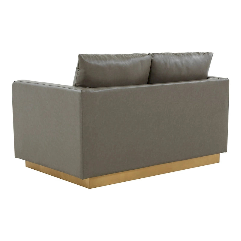 Divanetto moderno in pelle a 2 posti | Base in acciaio inox spazzolato color oro | Cuscini rimovibili | 142 cm