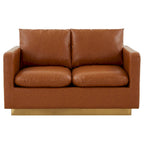Divanetto moderno in pelle a 2 posti | Base in acciaio inox spazzolato color oro | Cuscini rimovibili | 142 cm