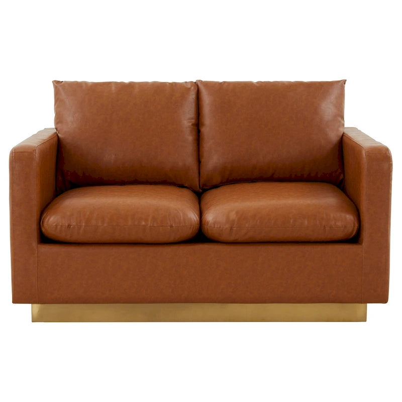 Divanetto moderno in pelle a 2 posti | Base in acciaio inox spazzolato color oro | Cuscini rimovibili | 142 cm