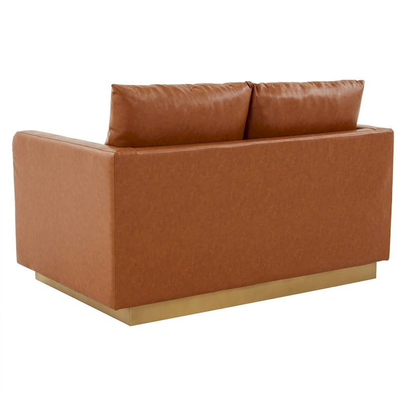Divanetto moderno in pelle a 2 posti | Base in acciaio inox spazzolato color oro | Cuscini rimovibili | 142 cm