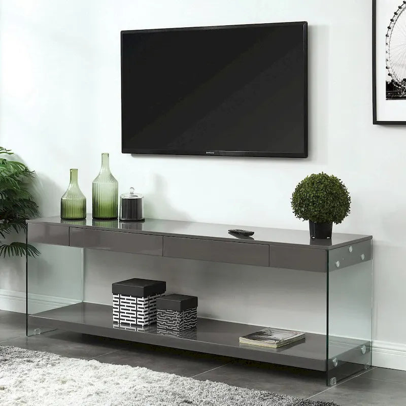 Mobile TV moderno da 60" con pannelli in vetro temperato | 1 ripiano aperto | 1 cassetto | 45 kg