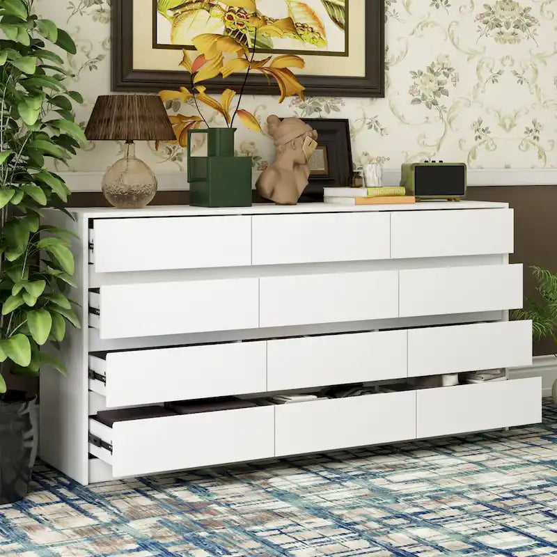 Comò a 12 cassetti per camera da letto con cassetti profondi, grande cassettiera in legno da pavimento