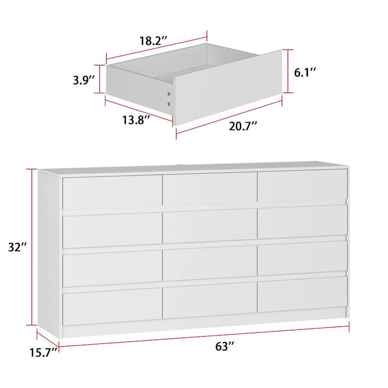 Comò a 12 cassetti per camera da letto con cassetti profondi, grande cassettiera in legno da pavimento