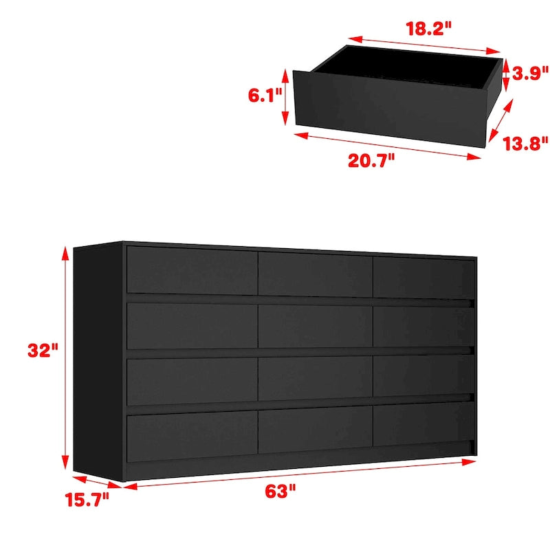 Comò a 12 cassetti per camera da letto con cassetti profondi, grande cassettiera in legno da pavimento