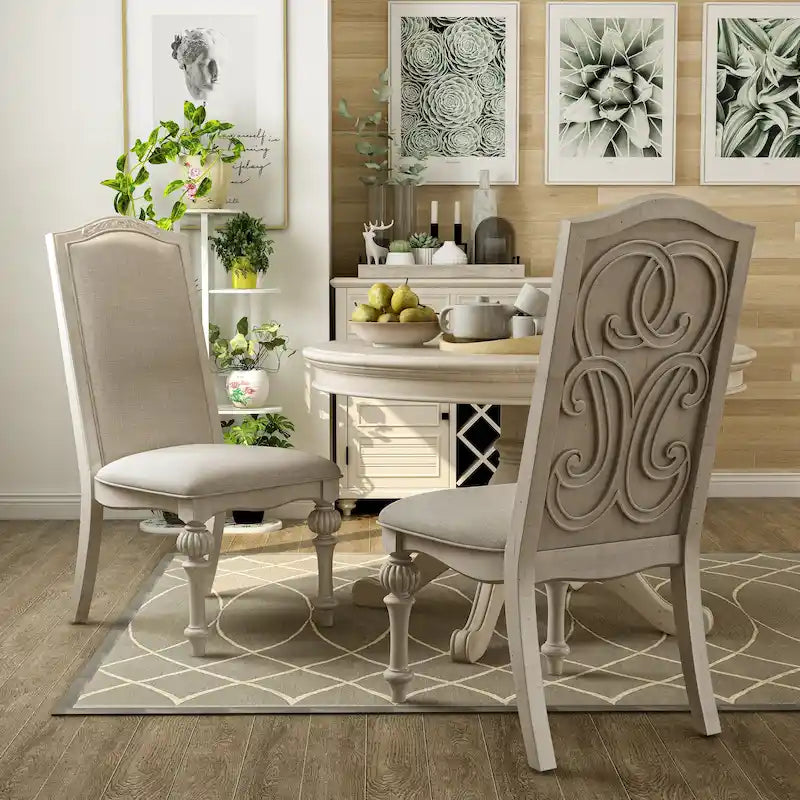 Set di 2 sedie da pranzo stile rustico | Bianco antico | Legno massello | Seduta in schiuma ad alta densità