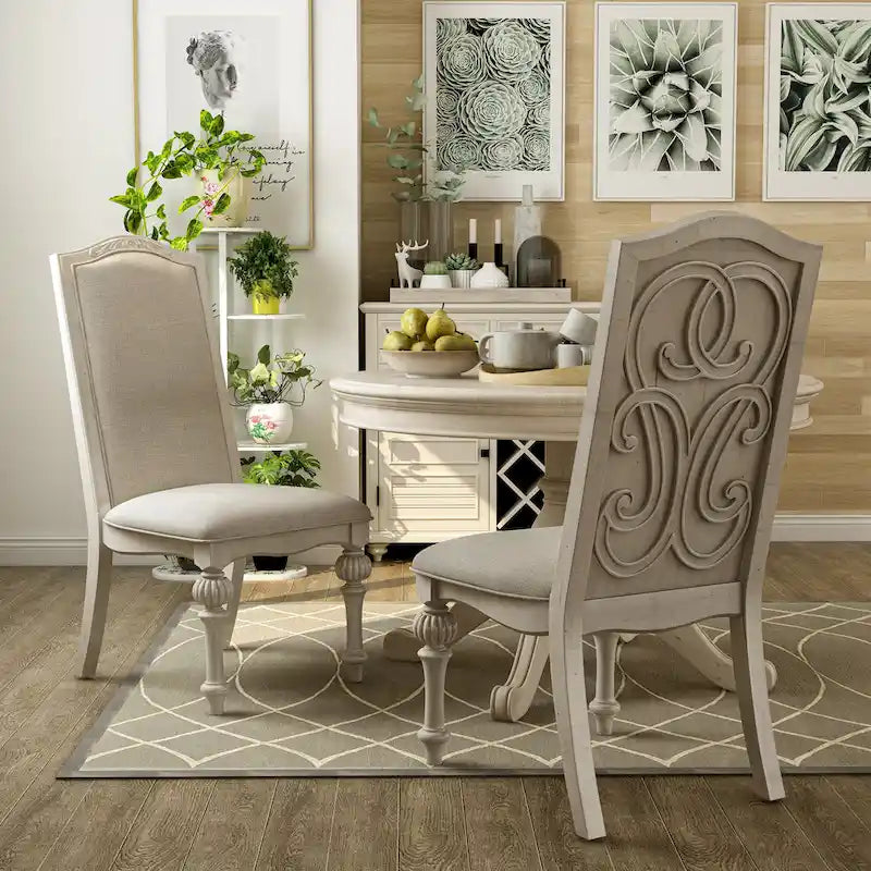 Set di 2 sedie da pranzo stile rustico | Bianco antico | Legno massello | Seduta in schiuma ad alta densità