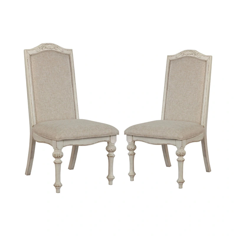 Set di 2 sedie da pranzo stile rustico | Bianco antico | Legno massello | Seduta in schiuma ad alta densità