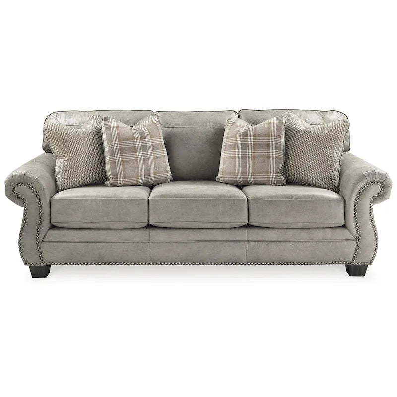Divano con braccioli arrotolati e finiture a borchie | Rivestimento in finta pelle scamosciata grigio acciaio | 231 cm L x 96,5 cm P