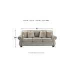 Divano con braccioli arrotolati e finiture a borchie | Rivestimento in finta pelle scamosciata grigio acciaio | 231 cm L x 96,5 cm P
