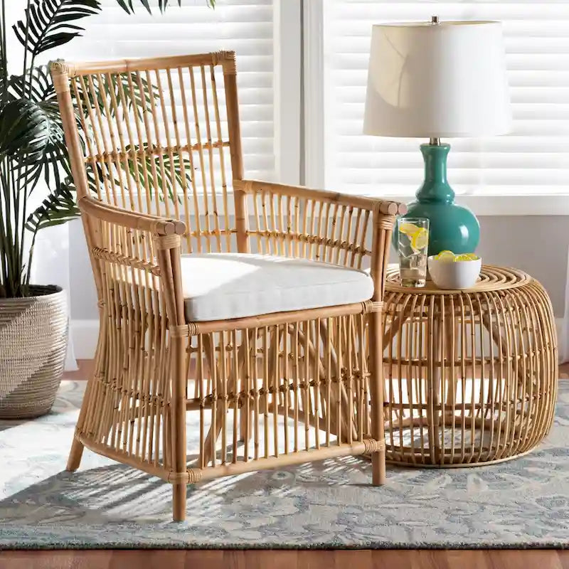 Poltrona in Rattan Imbottita Stile Bohemien Rosa-Bianco/Marrone Naturale