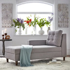 Chaise longue imbottita con contenitore | Tessuto effetto lino | Trapuntatura capitonné | Piedini color noce