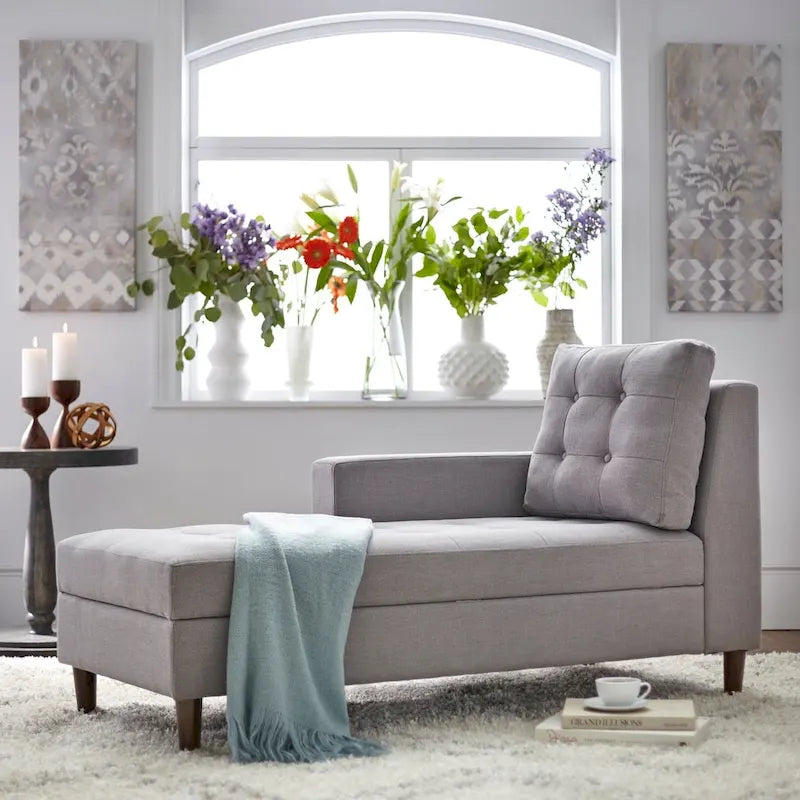 Chaise longue imbottita con contenitore | Tessuto effetto lino | Trapuntatura capitonné | Piedini color noce