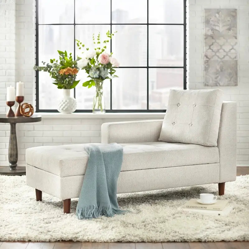 Chaise longue imbottita con contenitore | Tessuto effetto lino | Trapuntatura capitonné | Piedini color noce