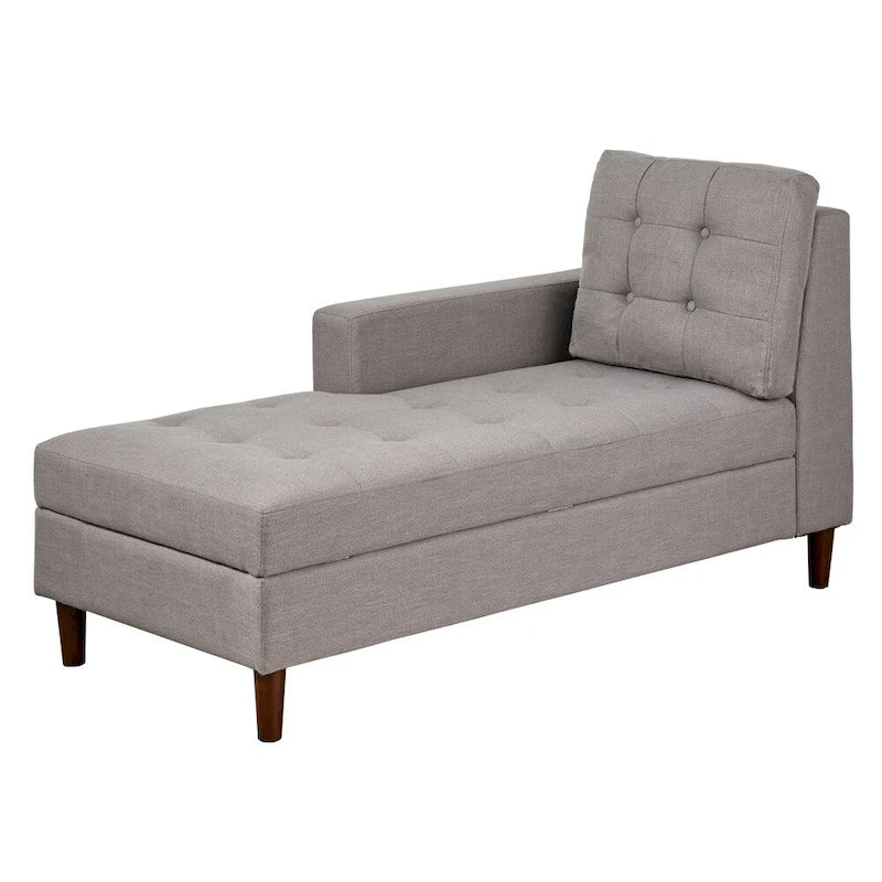 Chaise longue imbottita con contenitore | Tessuto effetto lino | Trapuntatura capitonné | Piedini color noce
