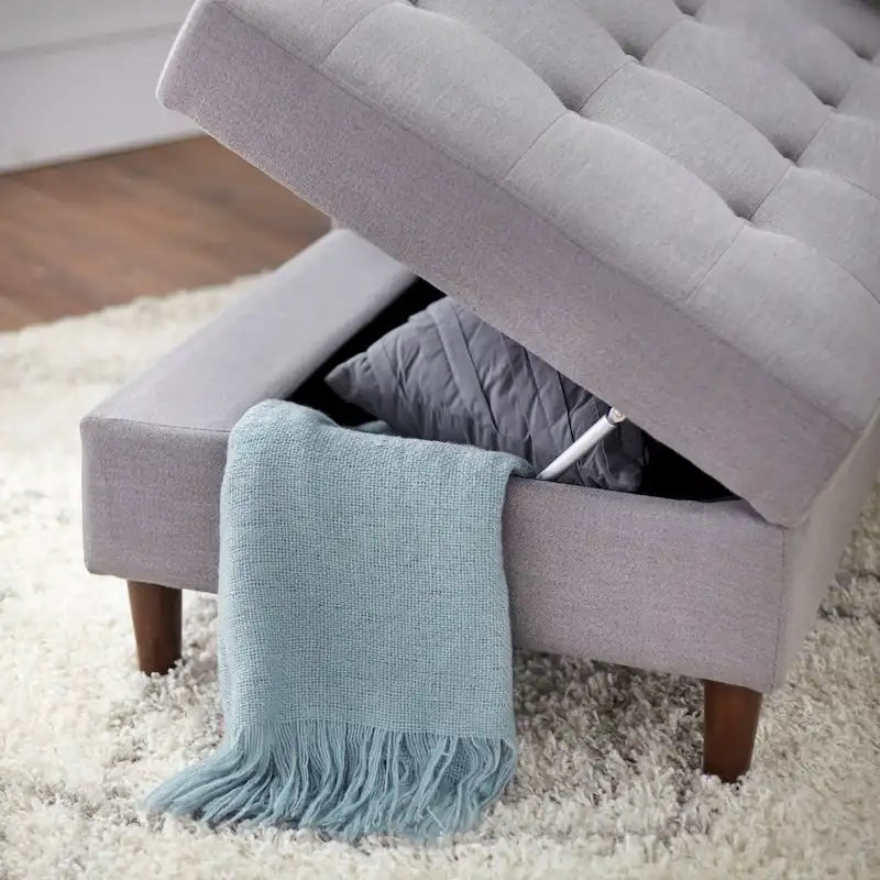 Chaise longue imbottita con contenitore | Tessuto effetto lino | Trapuntatura capitonné | Piedini color noce