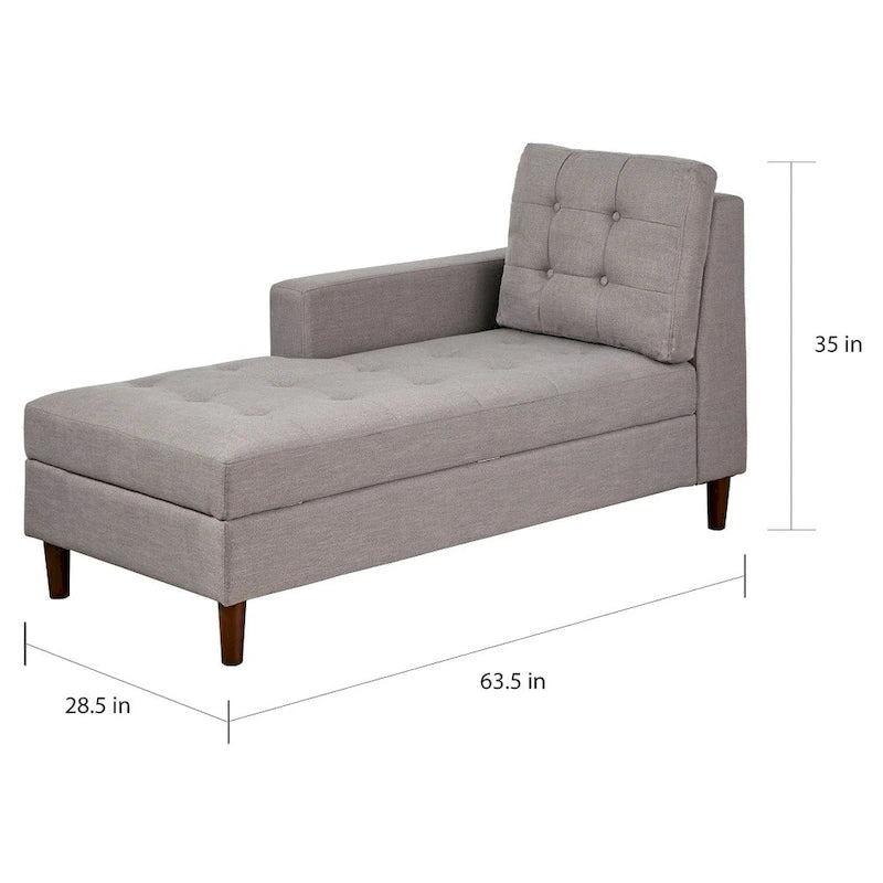 Chaise longue imbottita con contenitore | Tessuto effetto lino | Trapuntatura capitonné | Piedini color noce